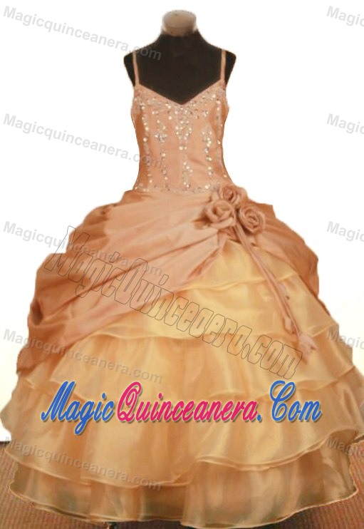 Handmade Flowers Gold Straps Girls Pageant Dress Layers and Beading
