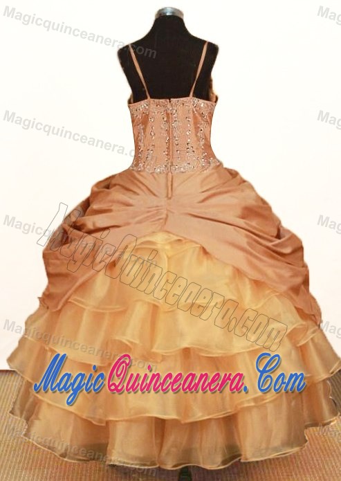 Handmade Flowers Gold Straps Girls Pageant Dress Layers and Beading