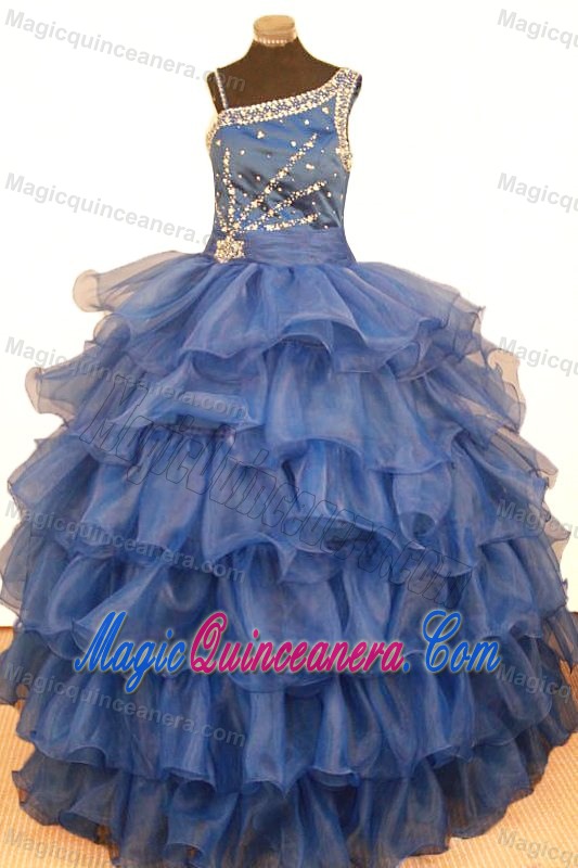 Blue Beaded Ruffled Layers Asymmetrical Little Girl Pageant Dress