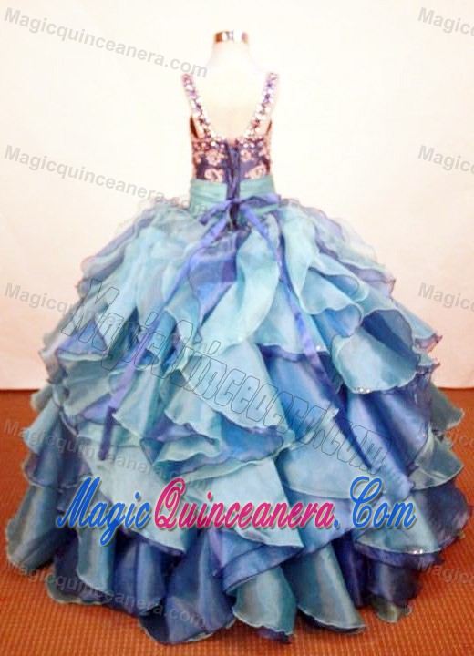 Ruffled Layers Blue Square Little Girl Pageant Dress with Applique