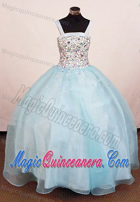 Baby Blue Straps Little Girl Pageant Dress Square with Rhinestone