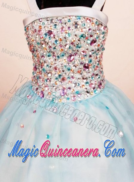 Baby Blue Straps Little Girl Pageant Dress Square with Rhinestone
