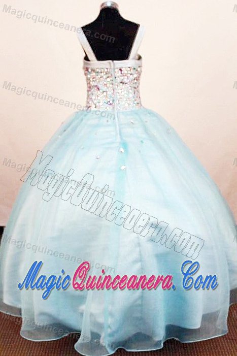 Baby Blue Straps Little Girl Pageant Dress Square with Rhinestone