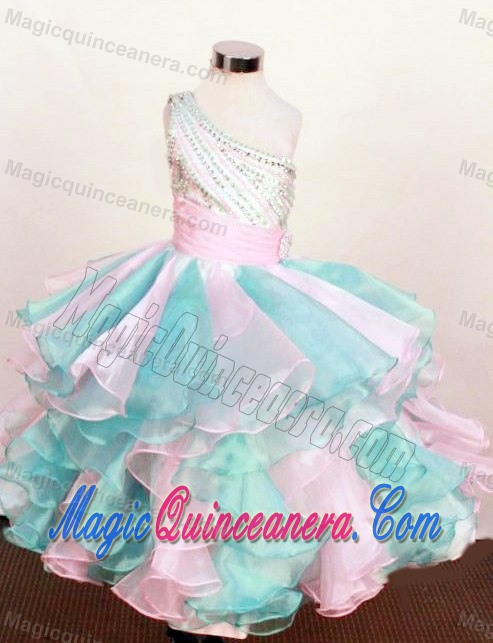 One Shoulder Colorful Little Girl Pageant Dress Beading and Ruffles