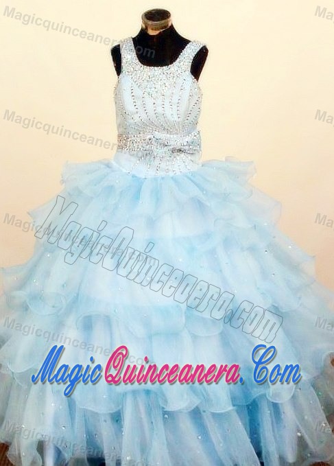 Straps Baby Blue Ruffled Layers Square Little Girl Pageant Dress
