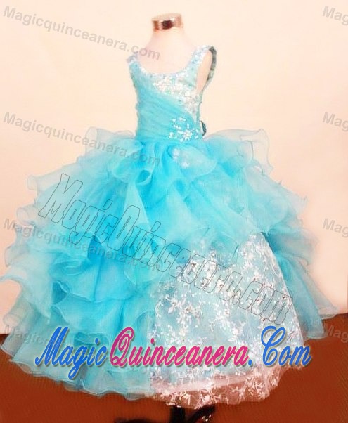Baby Blue Scoop Little Girl Pageant Dress with Ruffled Layered and Lace