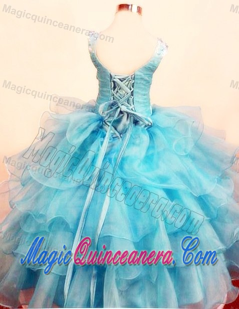 Baby Blue Scoop Little Girl Pageant Dress with Ruffled Layered and Lace