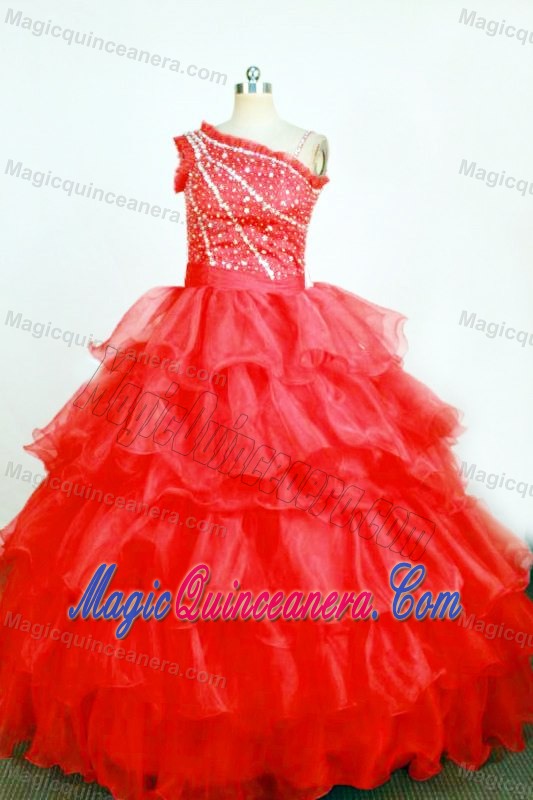 Beaded and Ruffled One Shoulder Red Ball Gown Little Girl Pageant Gown