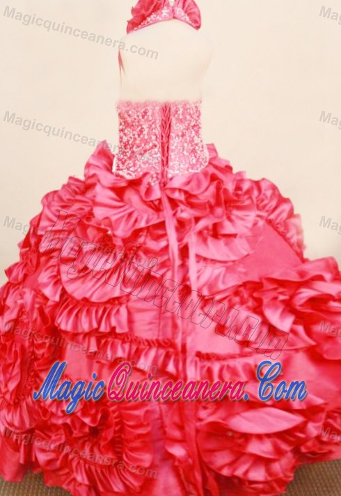 Coral Red Halter Little Girl Pageant Dress with Ruffles and Beading