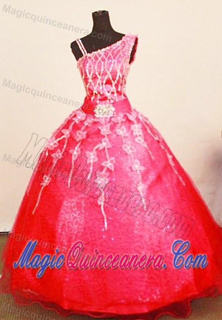 Asymmetrical 2013 Little Girl Pageant Dress in Coral Red with Appliques