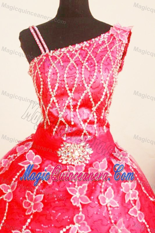 Asymmetrical 2013 Little Girl Pageant Dress in Coral Red with Appliques