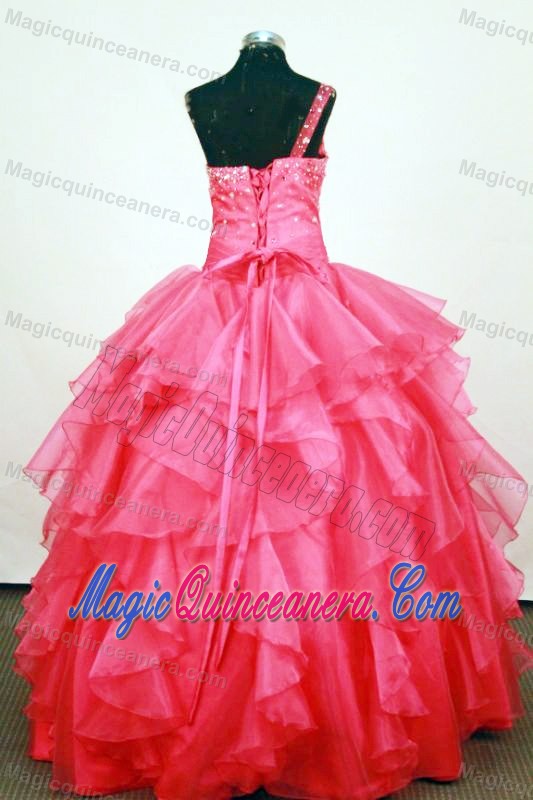 Beaded One Shoulder Ruffled Layers Coral Red Little Girl Pageant Dress
