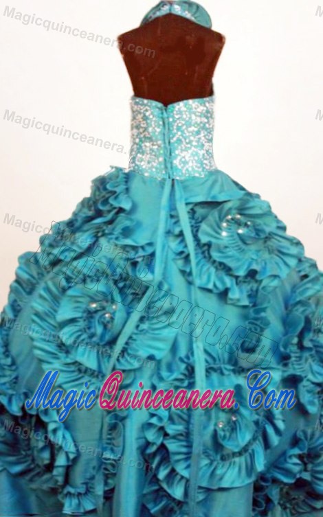 Turquoise Turquoise Little Girl Pageant Dress with Ruffles and Beading