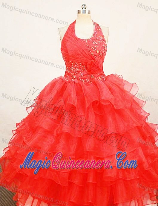 Beaded Red Halter Organza Little Girl Pageant Dresses With Ruffles