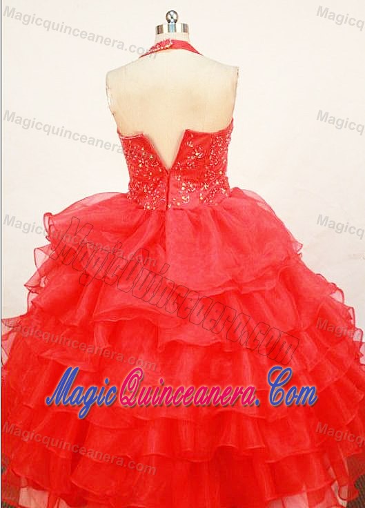 Beaded Red Halter Organza Little Girl Pageant Dresses With Ruffles