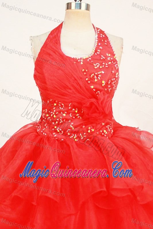 Beaded Red Halter Organza Little Girl Pageant Dresses With Ruffles