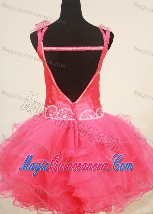 Pink Straps Mini-length Beaded Ruffled Little Girl Pageant Gowns