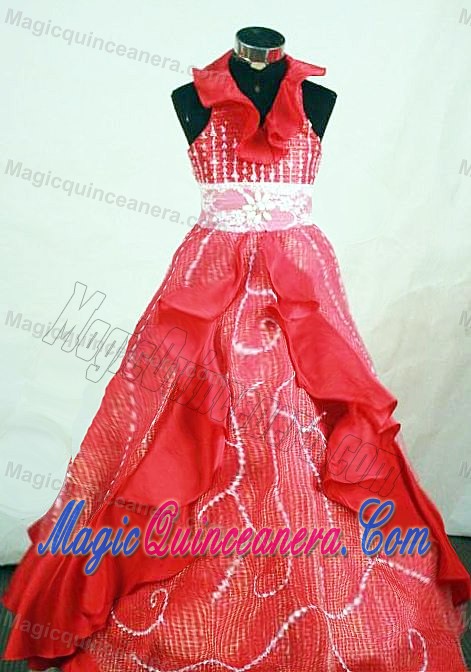 Halter Red Organza Beaded and Ruffled Little Girl Pageant Dress