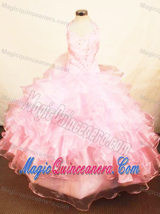 Halter Baby Pink Little Girl Pageant Dress with Beading and Ruffles