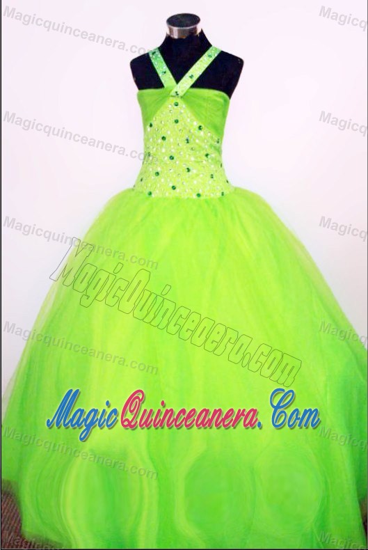 Ball Gown Halter Spring Green Beading Pageant Dress for Little Girls