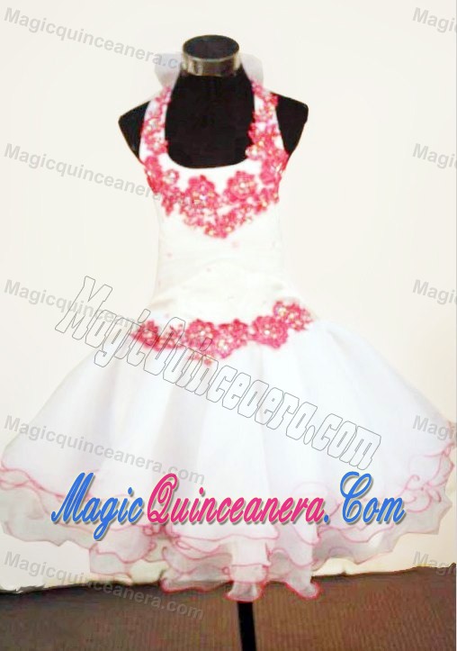 White Halter Mini-length Little Girl Pageant Dresses With Red Appliques