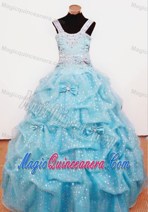 Aqua Blue Ball Gown Straps Beading and Bowknot Pageant Dress for Girls
