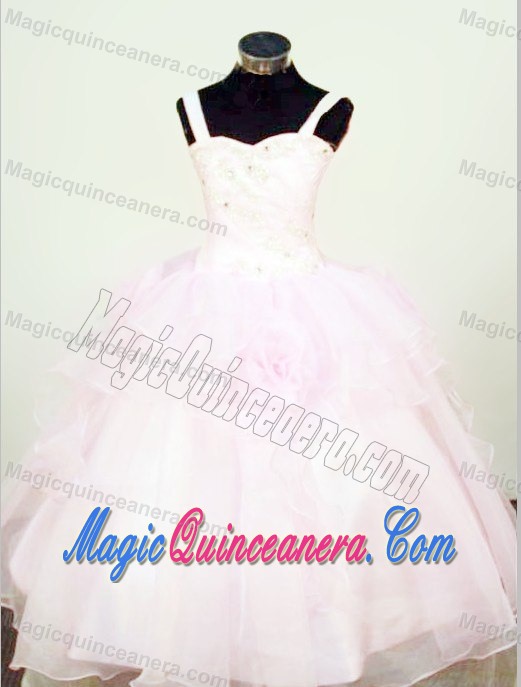 Light Pink Straps Beading and Hand Made Flowers Glitz Pageant Dresses