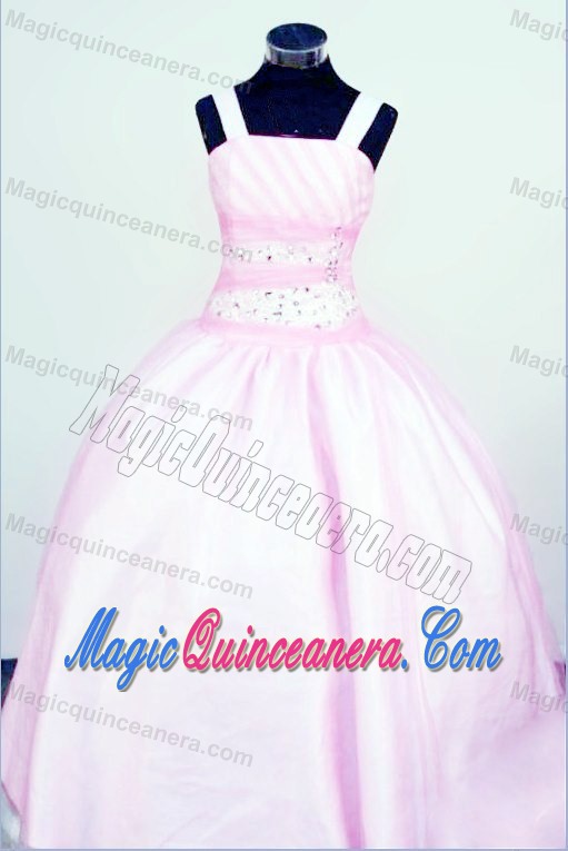 Ball Gown Straps Baby Pink Taffeta Glitz Pageant Gowns With Beading
