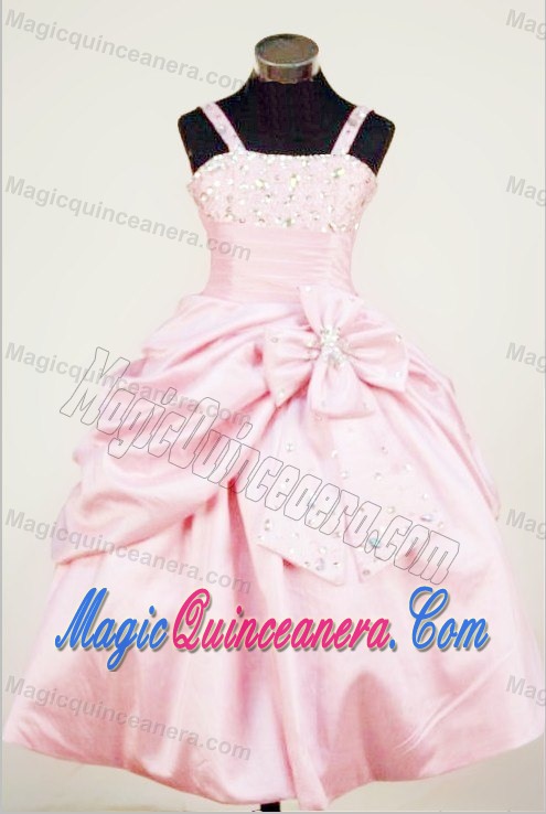 Cute Straps Baby Pink Beading and Bowknot Little Girl Pageant Dress