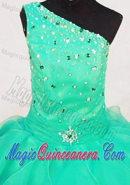 One Shoulder Turquoise Glitz Pageant Dresses with Beading and Ruffles