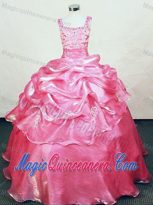 Rose pink Straps Appliques Organza Beading Little Girl Pageant Dress