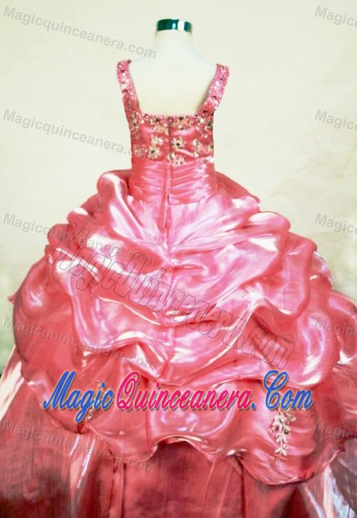 Rose pink Straps Appliques Organza Beading Little Girl Pageant Dress