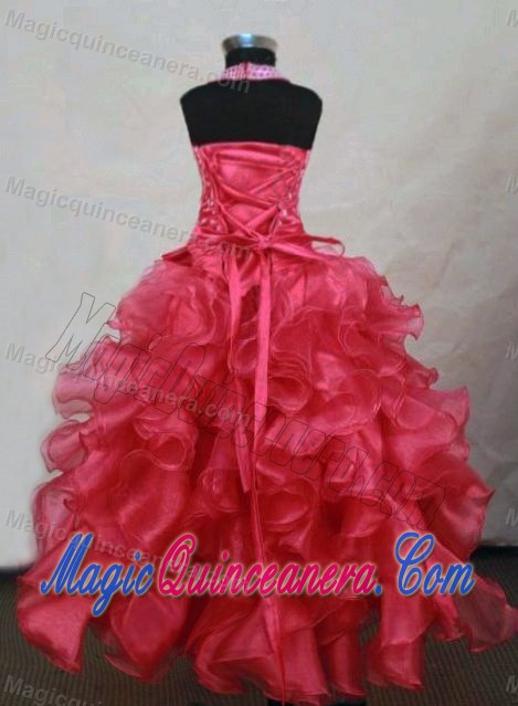 Ruffled Red Halter Organza Angel Pageant Gown with Beading