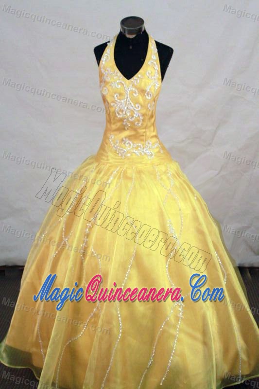 2013 Appliques Halter Little Girl Pageant Dress in Yellow