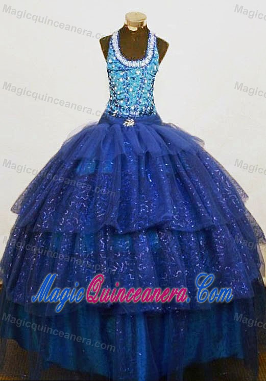 Organza Beaded Blue Halter Girls Pageant Dress with Beads