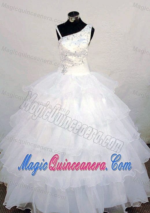 Beaded Asymmetrical White Ruffled Pageant Dress for Girls