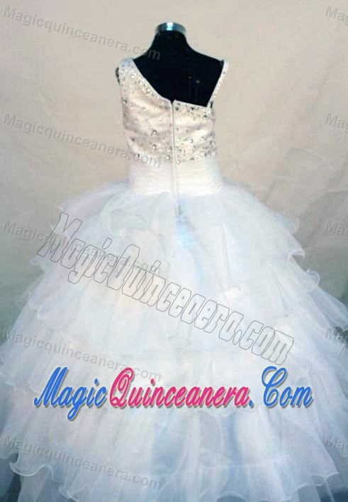 Beaded Asymmetrical White Ruffled Pageant Dress for Girls