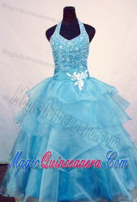 Halter Light Blue Layers Little Girl Pageant Dress Beaded