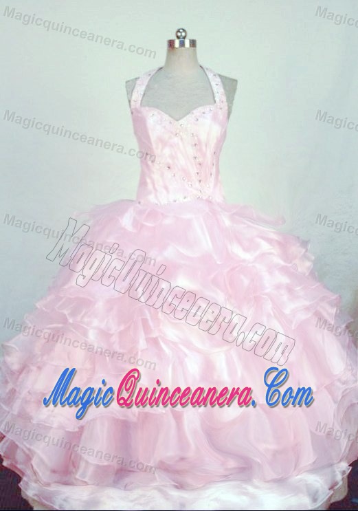 Chic Halter Ruffled Baby pink Beading Glitz Pageant Dress