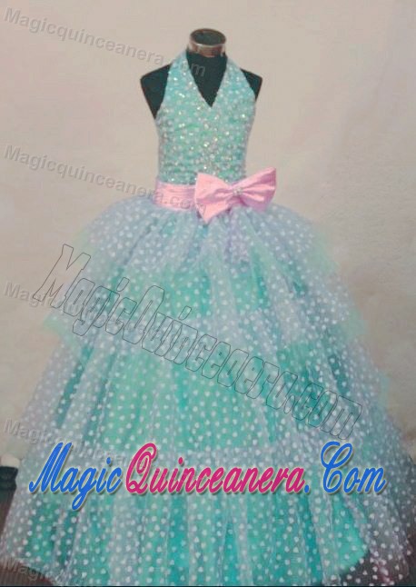 Beading Bowknot Turquoise Halter Girl Pageant Dresses 2013