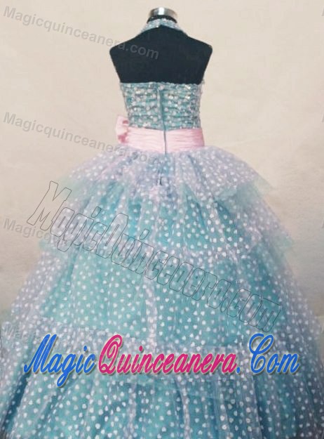 Beading Bowknot Turquoise Halter Girl Pageant Dresses 2013