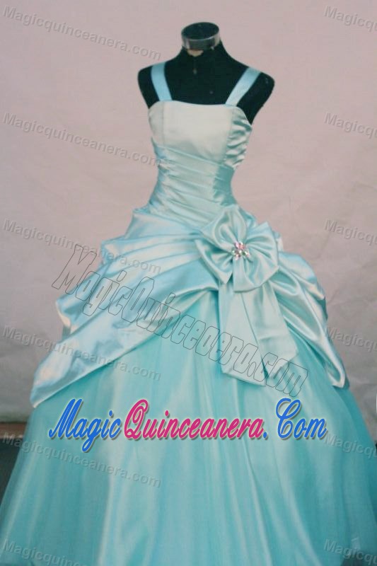 Taffeta Straps Aqua Blue Kid Pageant Dress With Bowknot