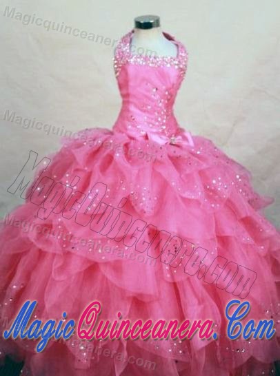 Ruffles Halter Top Hot Pink Girls Pageant Dress with Beads