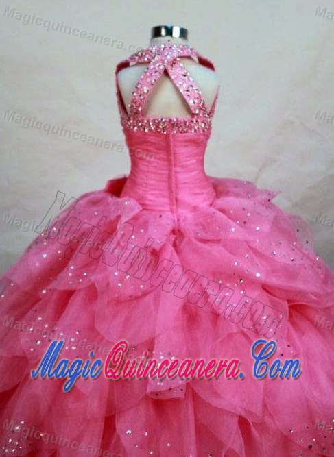 Ruffles Halter Top Hot Pink Girls Pageant Dress with Beads