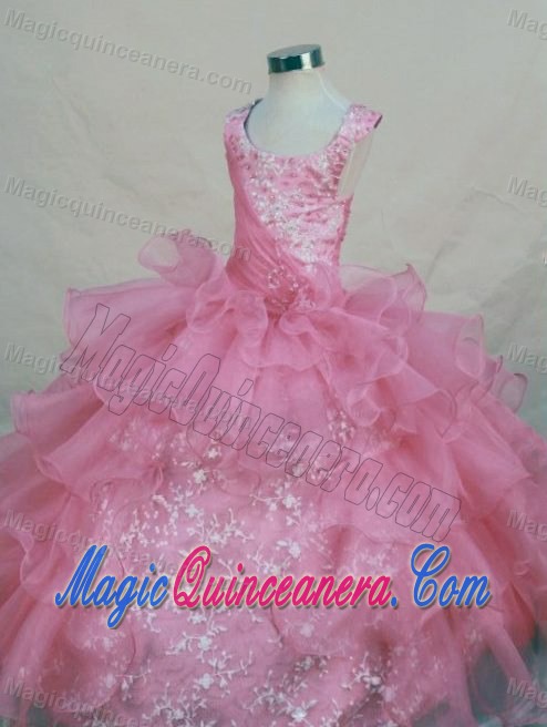 Pink Scoop Pageant Dress for Girls with Appliques Ruffled