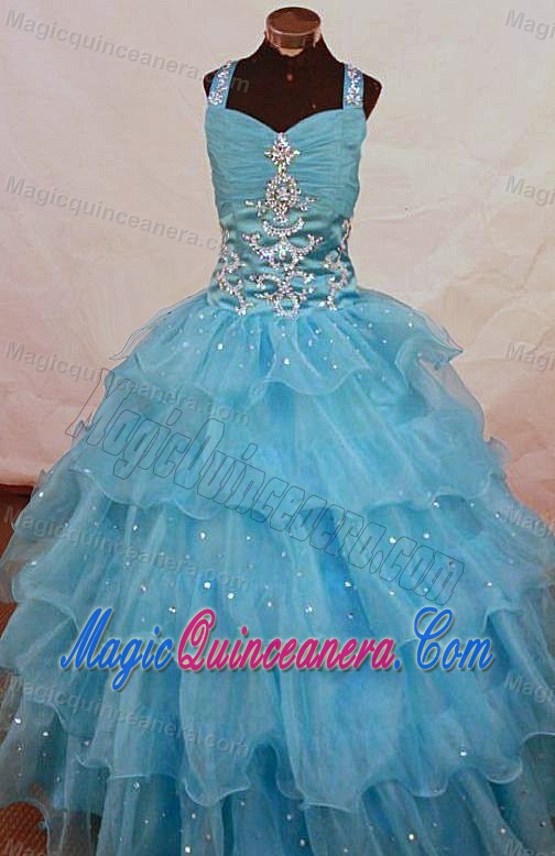 Ruffled Aqua Blue Straps Beading Little Girl Pageant Dress