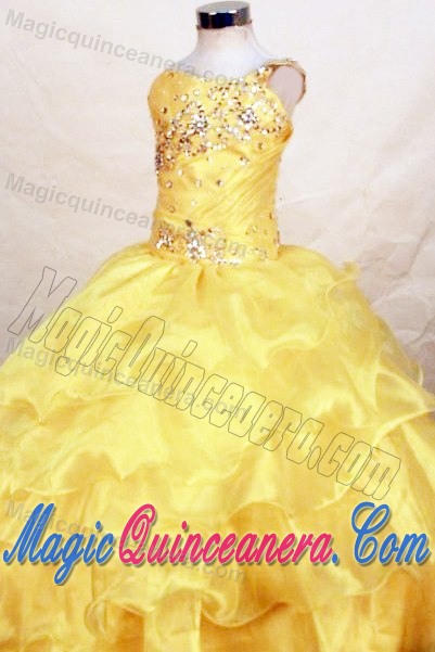 Yellow Bead Ruffles Girls Pageant Dress With One Shoulder