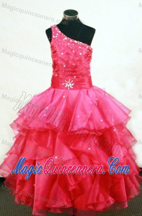 One Shoulder Coral Red Beading Kid Pageant Dress for Cheap