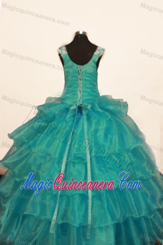 Blue Scoop Layered Little Girl Pageant Dress with Beadings