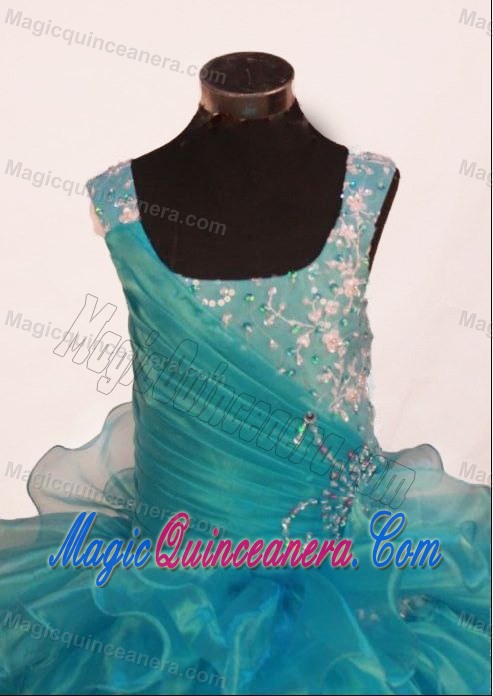 Blue Scoop Layered Little Girl Pageant Dress with Beadings